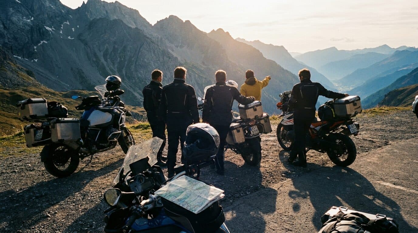 Kleine Gruppe Motorradfahrer mit Enduros an einem Alpenpass, Blick ins Tal im Gegenlicht