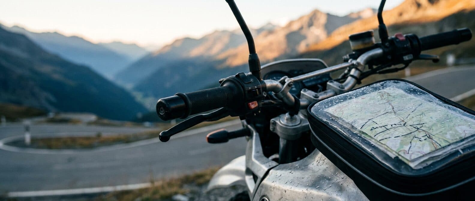 Blick über den Lenker eines Tourenmotorrads mit Roadbook-Karte im Tankrucksack, dahinter eine Passstrasse