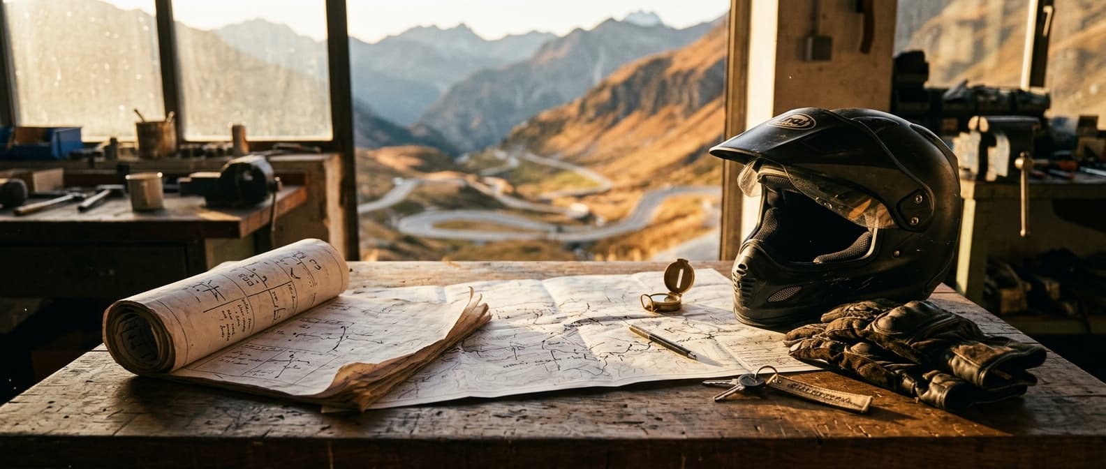Roadbook, Streckenkarte, Helm und Handschuhe auf einer Werkbank, dahinter im Fenster eine Alpenpassstrasse im Abendlicht