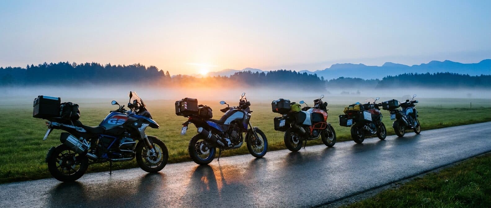 Reihe startbereiter Tourenmotorräder auf einer Landstrasse im Voralpenland bei Sonnenaufgang