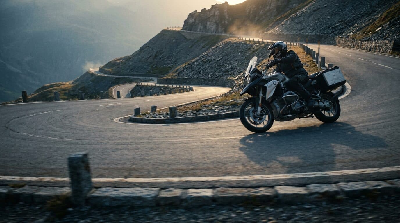 Motorrad in Schräglage in einer Kehre auf einem Alpenpass im goldenen Abendlicht, dahinter windet sich die Passstrasse in Serpentinen zum Grat