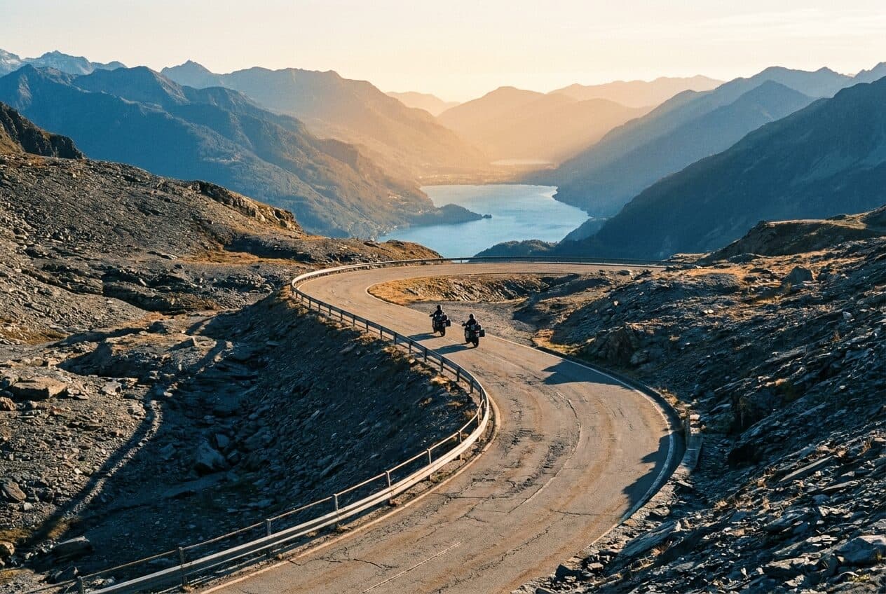 Alpenpassstrasse mit Serpentinen oberhalb des Lago Maggiore im Abendlicht, zwei Motorräder auf der Strecke