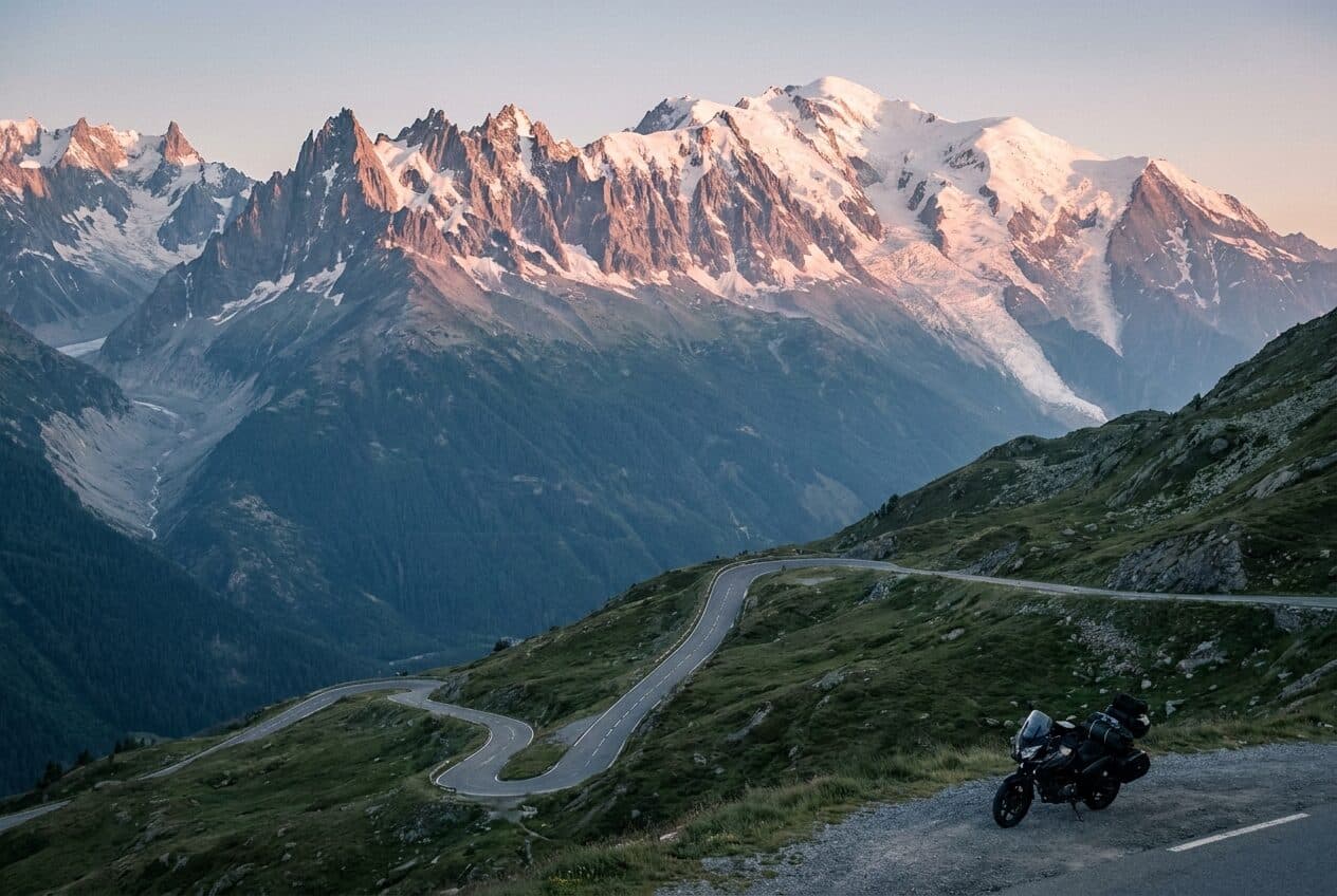 Das Mont-Blanc-Massiv im Alpenglühen über einer kurvigen Passstrasse, ein Motorrad an einem Aussichtspunkt