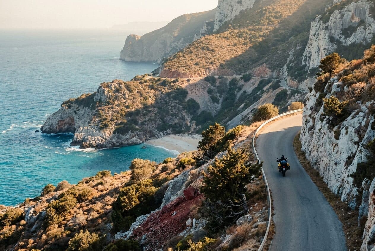 Küstenstrasse am Golf von Orosei auf Sardinien mit türkisfarbenem Meer und Kalksteinklippen